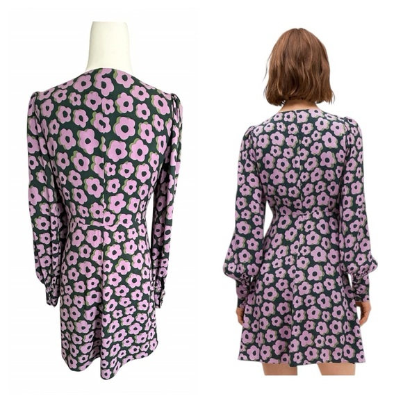 Kate Spade NY Flaire Flora Fluid Mini Dress Green Pink Floral Crepe Size 6 - Picture 2 of 15